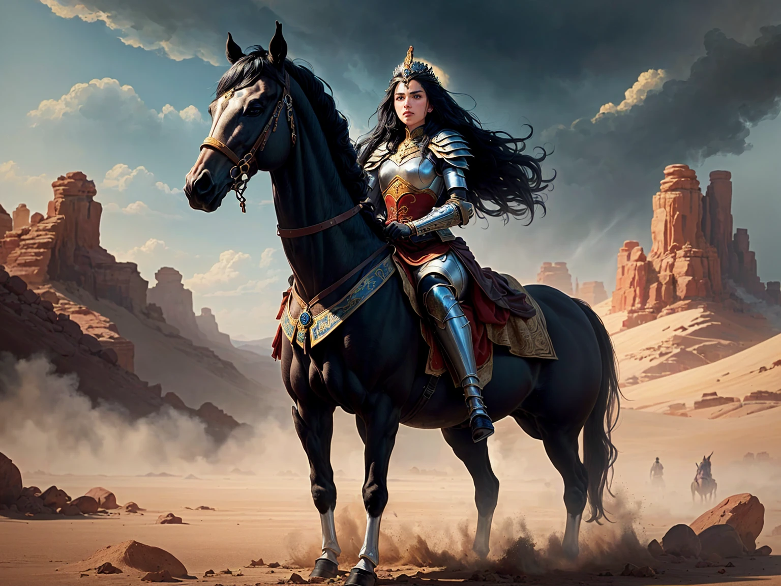 ((best quality)), ((masterpiece)), (detailed), A digital illustration of a long black haired queen warrior on a horse in a desert storm, with people kneeling and pleading in front of her. The queen has a fierce expression and the background is chaotic.
