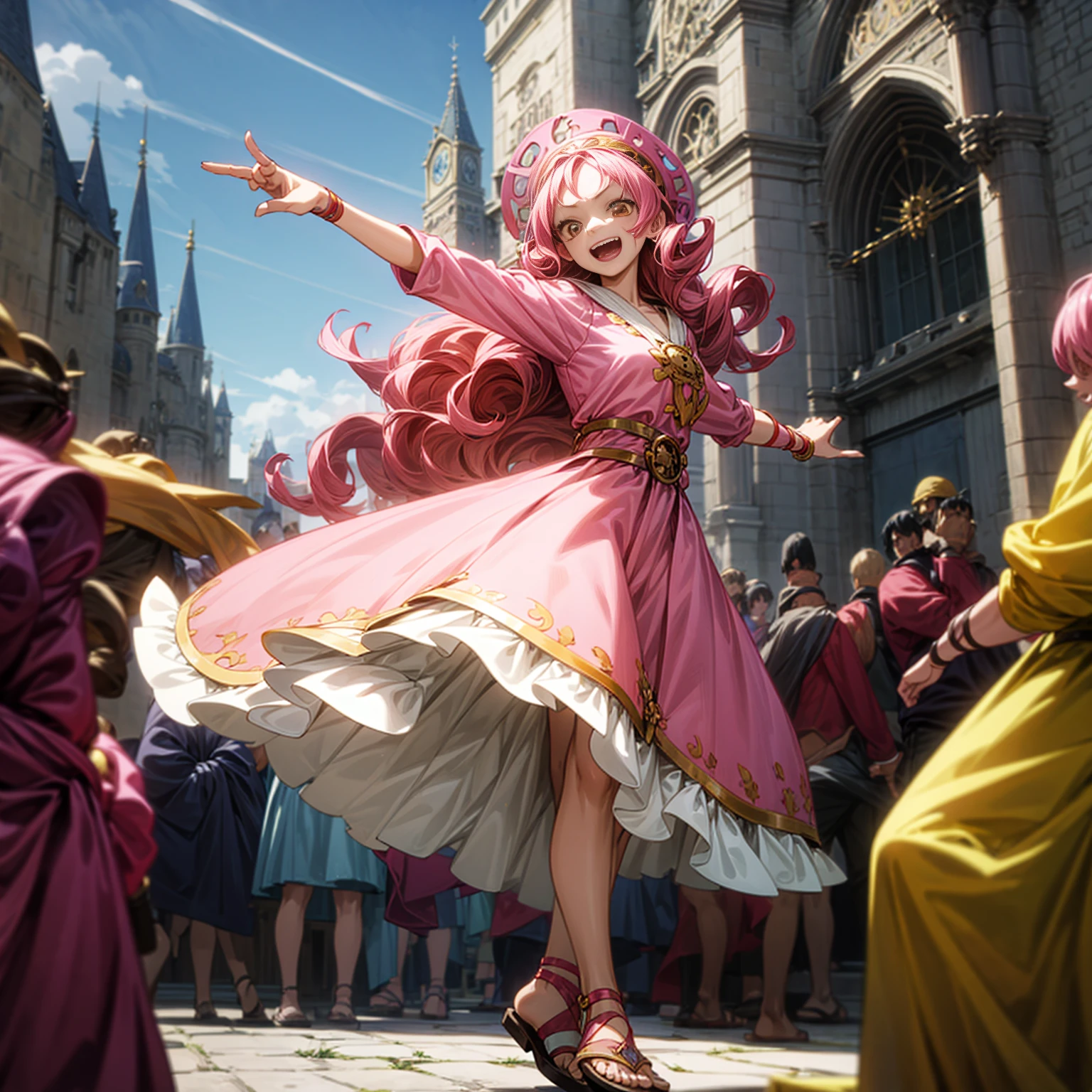 Solo character, full body version, young girl, long curly hair, pink colored hair, yellow eyes, open mouth, happy eyes, medieval outfit famele, sandals, town, carnival, skyblue, dancing gesture, (one piece style art), people, motion blur