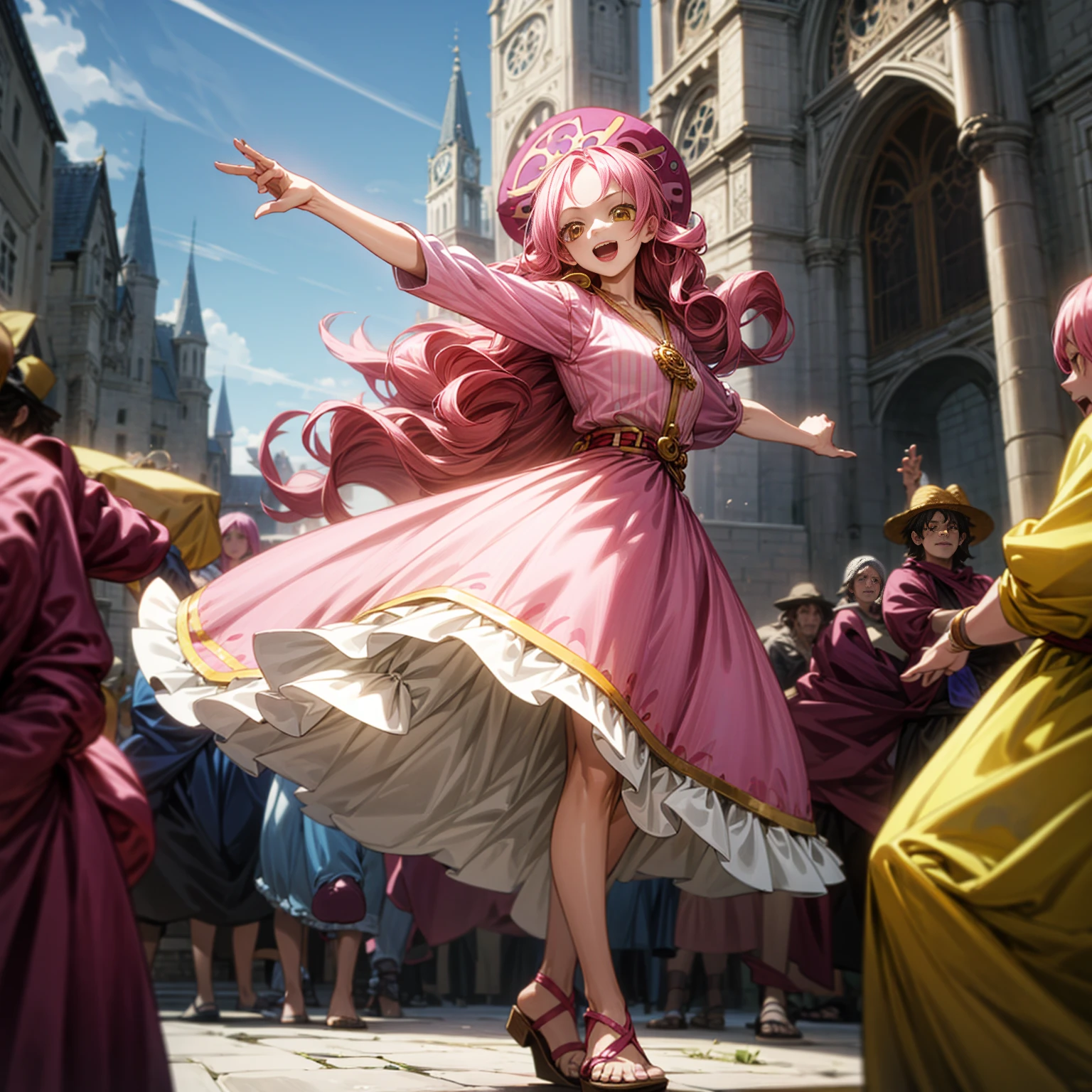 Solo character, full body version, young girl, long curly hair, pink colored hair, yellow eyes, open mouth, happy eyes, medieval outfit famele, sandals, town, carnival, skyblue, dancing gesture, (one piece style art), people, motion blur