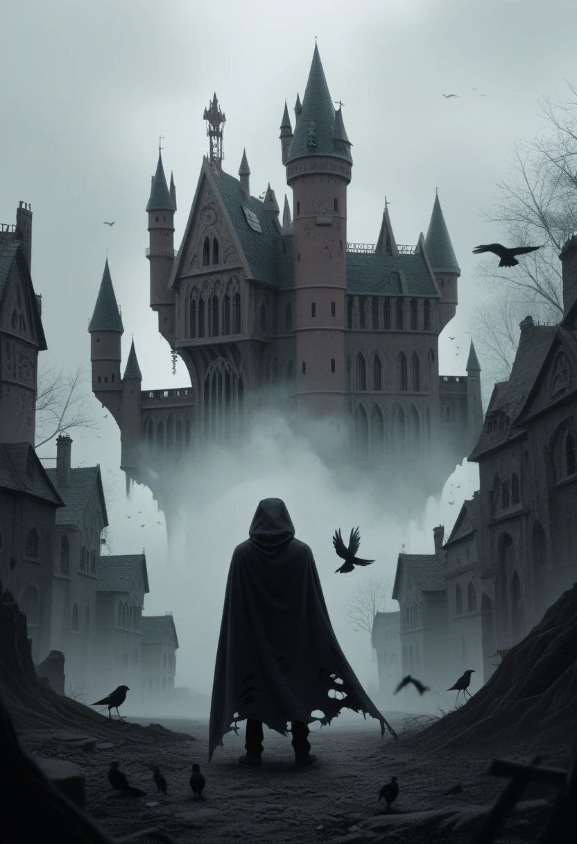 work of art, best qualityer, ultra high resolution, comely, visually stunning, chic, Incredible details, award-winning art, g0s1, phantom,hooded cloak,torn cloak, with no face, naturey, Hogwarts, gloomy Hogwarts castle, natta, fog, natta sky, 1 boy, standing alone, sin humanos, crow, crow de estimação