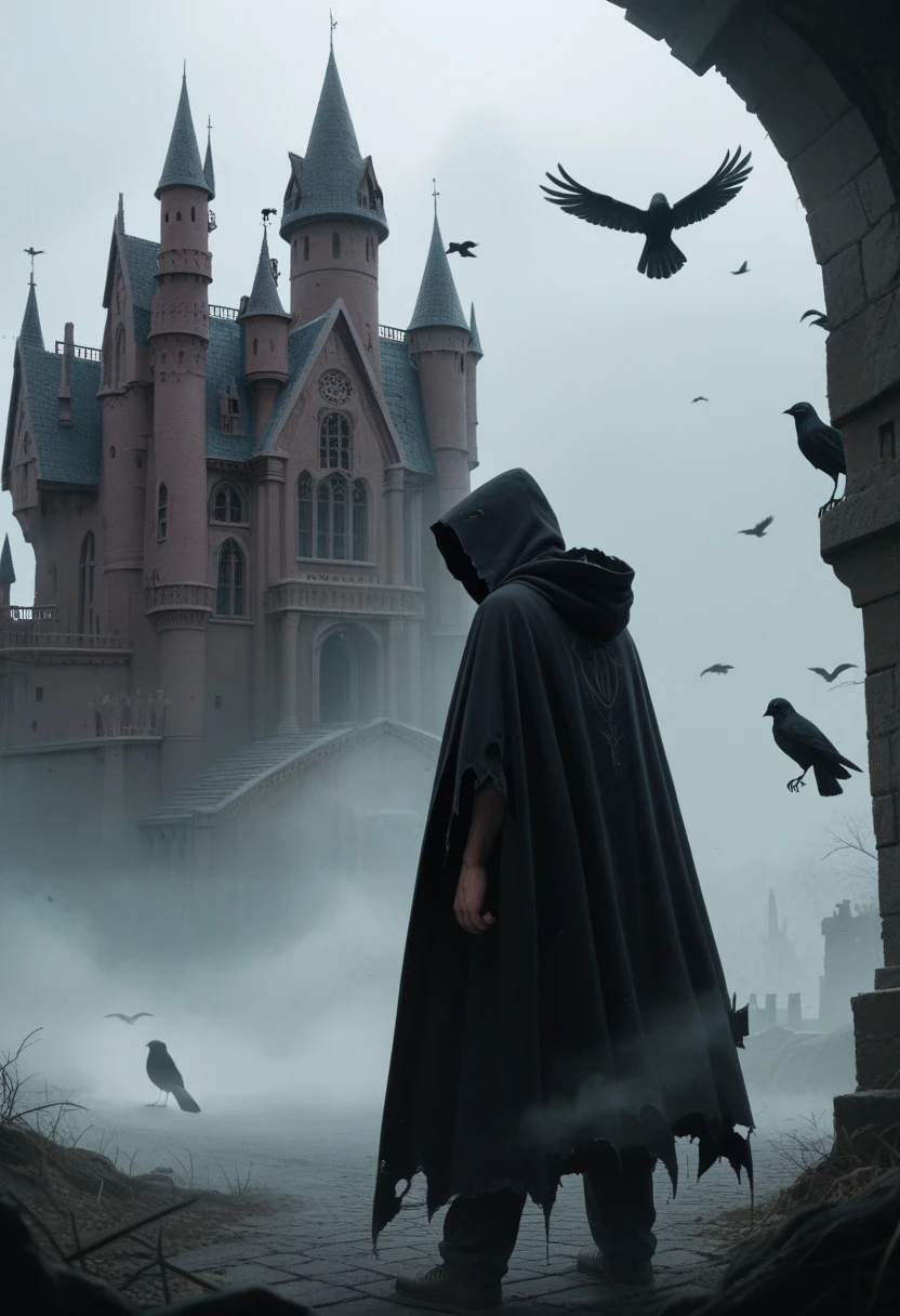 work of art, best qualityer, ultra high resolution, comely, visually stunning, chic, Incredible details, award-winning art, g0s1, phantom,hooded cloak,torn cloak, with no face, naturey, Hogwarts, gloomy Hogwarts castle, natta, fog, natta sky, 1 boy, standing alone, sin humanos, crow, crow de estimação