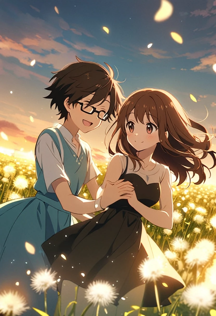 anime, two people, one beautiful female with long brown hair and no glasses, the other person is a male with short dark brown hair and black rimmed glasses, they are boyfriend and girlfriend, both smiling, dancing in a field of dandelions