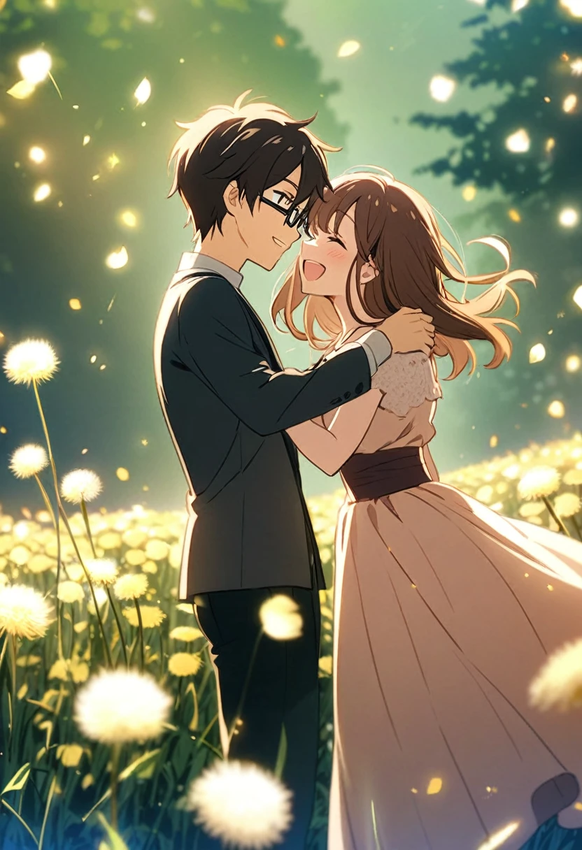 anime, two people, one beautiful female with long brown hair and no glasses, the other person is a male with short dark brown hair and black rimmed glasses, they are boyfriend and girlfriend, both smiling, dancing in a field of dandelions 