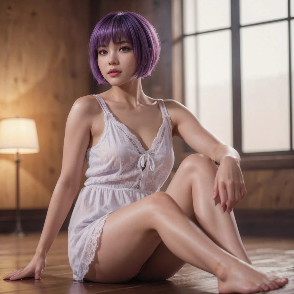 Ayane, cabelo roxo, (best qualityer, ultra detali), (realisitic:1.37), beautiful and detailed face, ultra-realisitic texture, 精致的面容, Delicate body, red lipgloss stick, long-lasting colors. High definition, 8k.