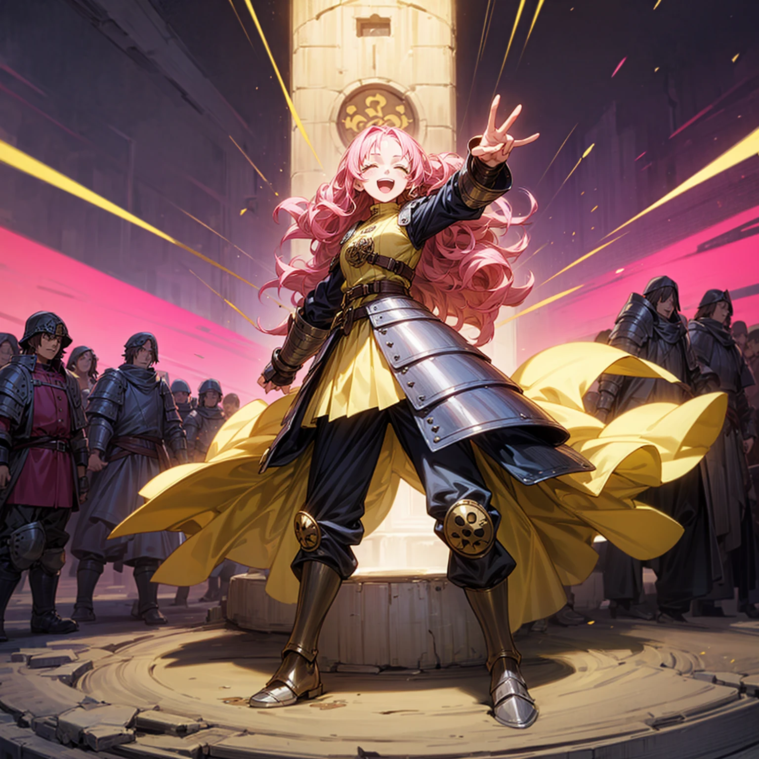 Solo character, full body version, young girl, long curly hair, pink colored hair, yellow eyes, open mouth, close eyes, happy, happy eyes, medieval soldier outfit, heavy armored, boots, town, people, skyblue, standing gesture, (one piece style art)