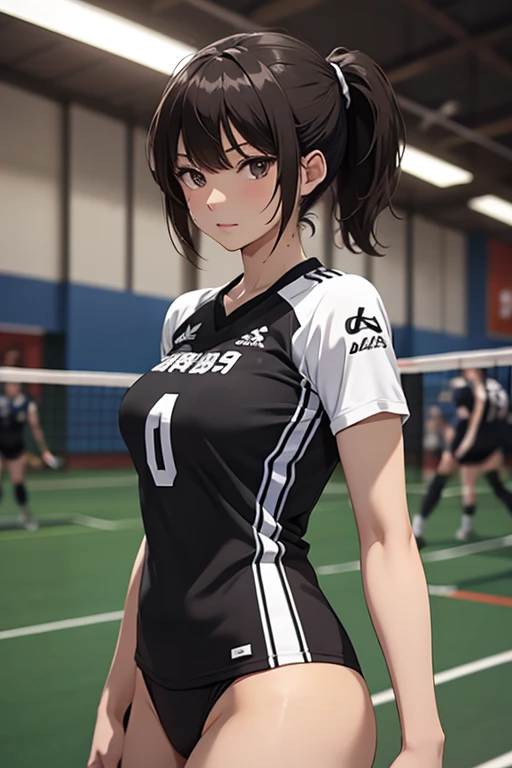 Masterpiece, Ultra quality, good lighting, shadows, perfect anatomy, posing, 1 girl, 21 years, mature girl, volleyball player, cute face, beautiful body, black medium hair, black eyes, seductive eyes,  volleyball uniform, background room, rear, breasts, Thighs, seductive, hot, spicy, NSFW,