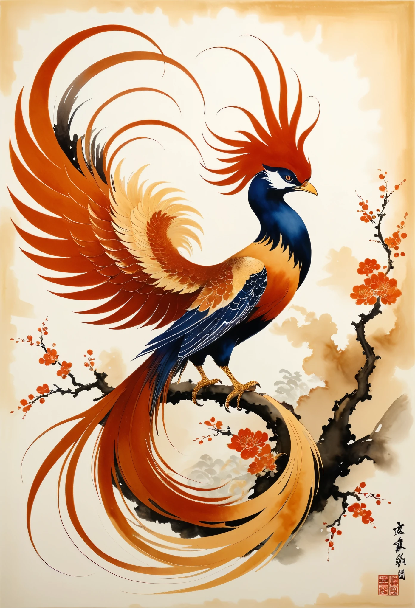 A Sumi-e style ink painting, bold, dramatic brushstrokes of one chinese phoenix. Providential discovery or creation. Petite alabaster specter. Unexpected minuscule, rust-ivory detail. Providential intricate details and meticulous craftsmanship, providential pioneering techniques or elements, providential high technical acumen, such as verisimilar rendering or elaborate compositions. Harmonious and balanced composition, skillful use of color and illumination to enhance the emotional and visual impact, creating a sense of depth. Providential singular perspectives and viewpoints, intricacy, contrast, and symmetry. Providential formidable aesthetic structure, verisimilitude, and visual impact imparts a lasting impression. Scene featuring a providential discovery or creation. style, ink
