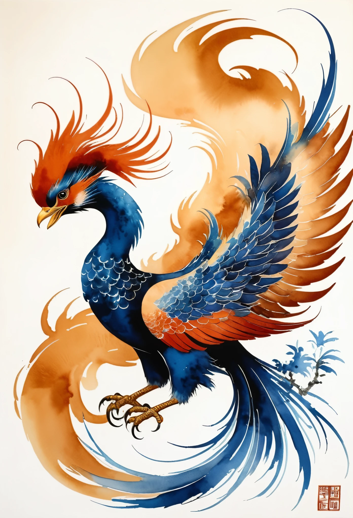 A Sumi-e style ink painting, bold, dramatic brushstrokes of one chinese phoenix. Providential discovery or creation. Petite alabaster specter. Unexpected minuscule, rust-ivory detail. Providential intricate details and meticulous craftsmanship, providential pioneering techniques or elements, providential high technical acumen, such as verisimilar rendering or elaborate compositions. Harmonious and balanced composition, skillful use of color and illumination to enhance the emotional and visual impact, creating a sense of depth. Providential singular perspectives and viewpoints, intricacy, contrast, and symmetry. Providential formidable aesthetic structure, verisimilitude, and visual impact imparts a lasting impression. Scene featuring a providential discovery or creation. style, ink