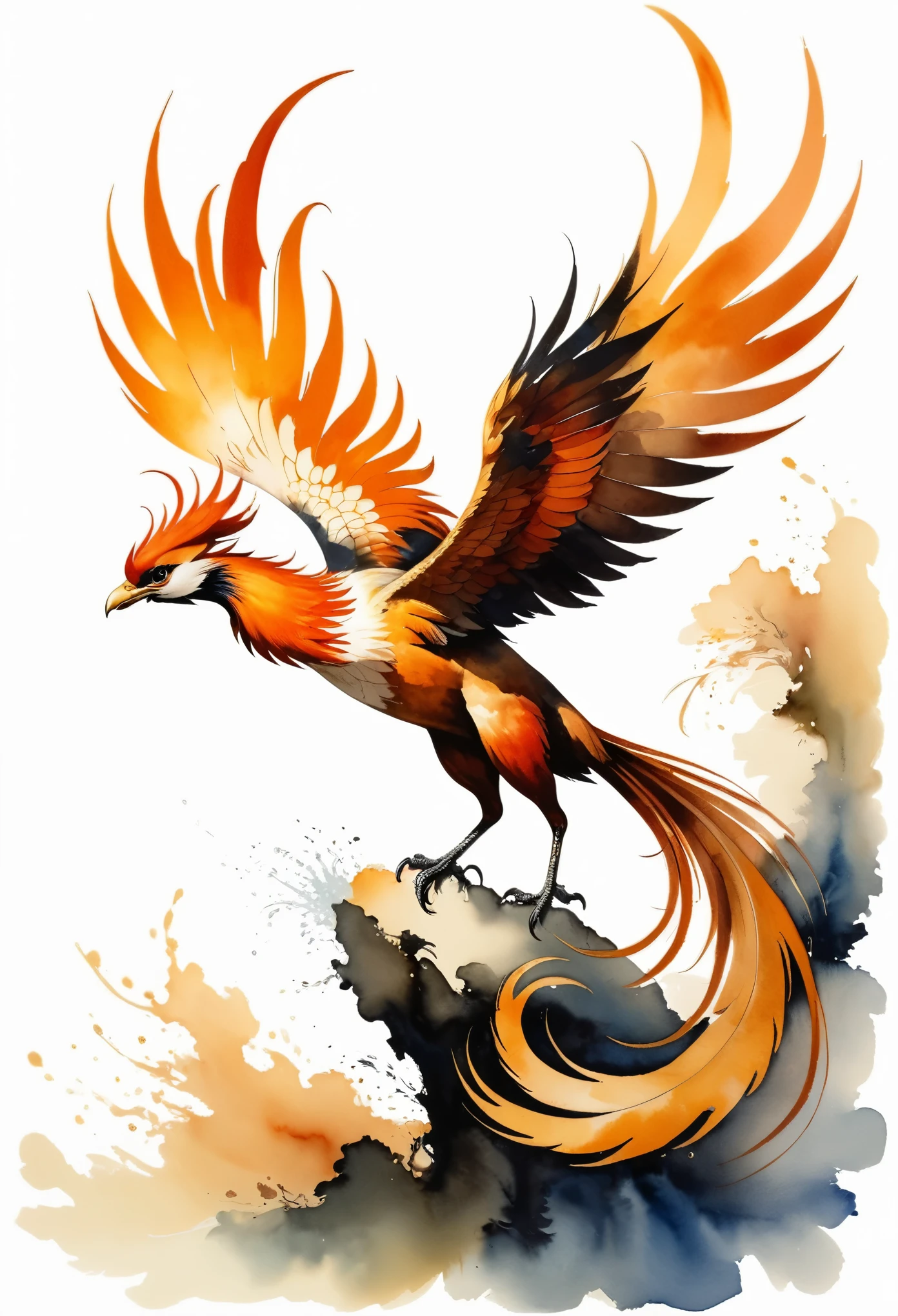 A Sumi-e style ink painting, bold, dramatic brushstrokes of one chinese phoenix. Providential discovery or creation. Petite alabaster specter. Unexpected minuscule, rust-ivory detail. Providential intricate details and meticulous craftsmanship, providential pioneering techniques or elements, providential high technical acumen, such as verisimilar rendering or elaborate compositions. Harmonious and balanced composition, skillful use of color and illumination to enhance the emotional and visual impact, creating a sense of depth. Providential singular perspectives and viewpoints, intricacy, contrast, and symmetry. Providential formidable aesthetic structure, verisimilitude, and visual impact imparts a lasting impression. Scene featuring a providential discovery or creation. style, ink
