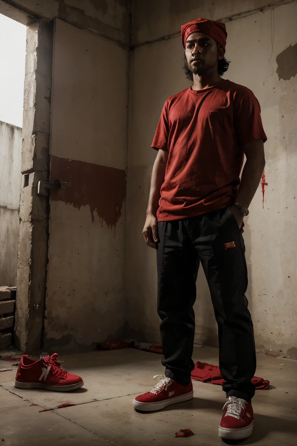 Boy, 25 years old, standing with red cloth on his forehead, blood on his body, red clothes on his head, thick hair, black shoes on his feet, Bangladesh flag in his hand.