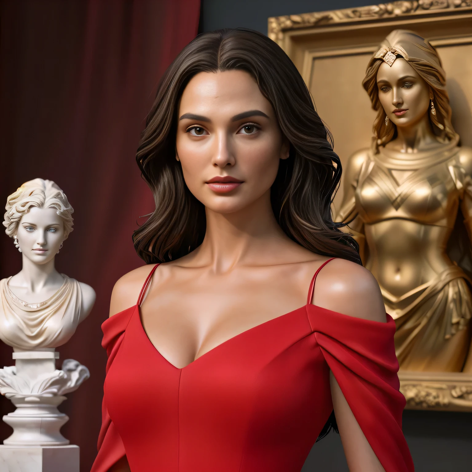 araffe woman in red dress posing in front of a busturizer, statue of the perfect woman, realistic 8k bernini sculpture, statue of a perfect woman, cinematic bust portrait, 3 d goddess portrait, digital art of an elegant, portrait of modern darna, elegant lady with alabaster skin, gal gadot portrait, stunning elegant pose