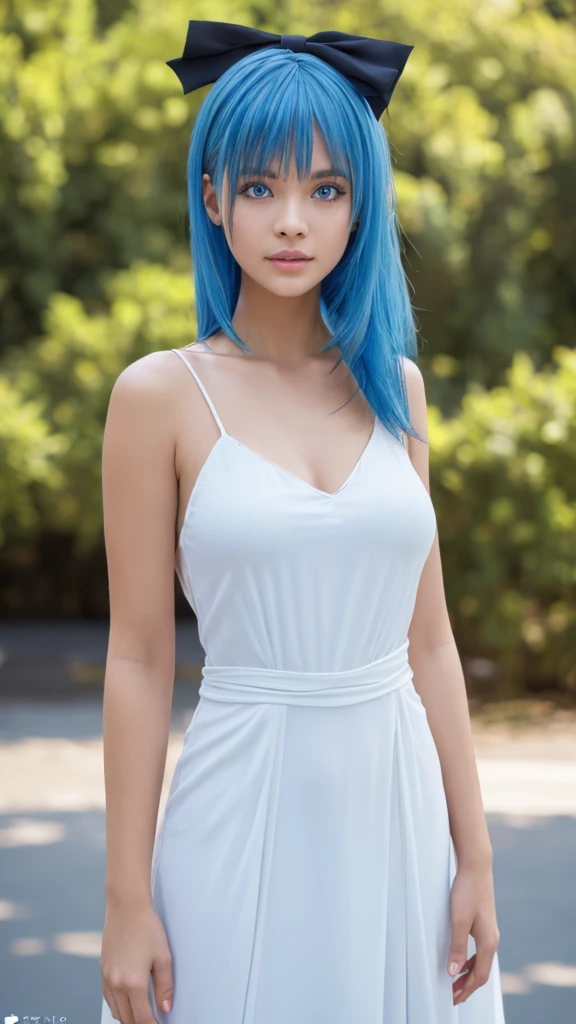 a beautiful girl with blue hair and blue eyes, wearing a long white dress with ruffles, black gloves, and a black bow on her head, standing alone with a serene expression, highly detailed and realistic, masterfully rendered in 8K resolution using Octane, (best quality,4k,8k,highres,masterpiece:1.2),ultra-detailed,(realistic,photorealistic,photo-realistic:1.37),HDR,UHD,studio lighting,ultra-fine painting,sharp focus,physically-based rendering,extreme detail description,professional,vivid colors,bokeh,portrait