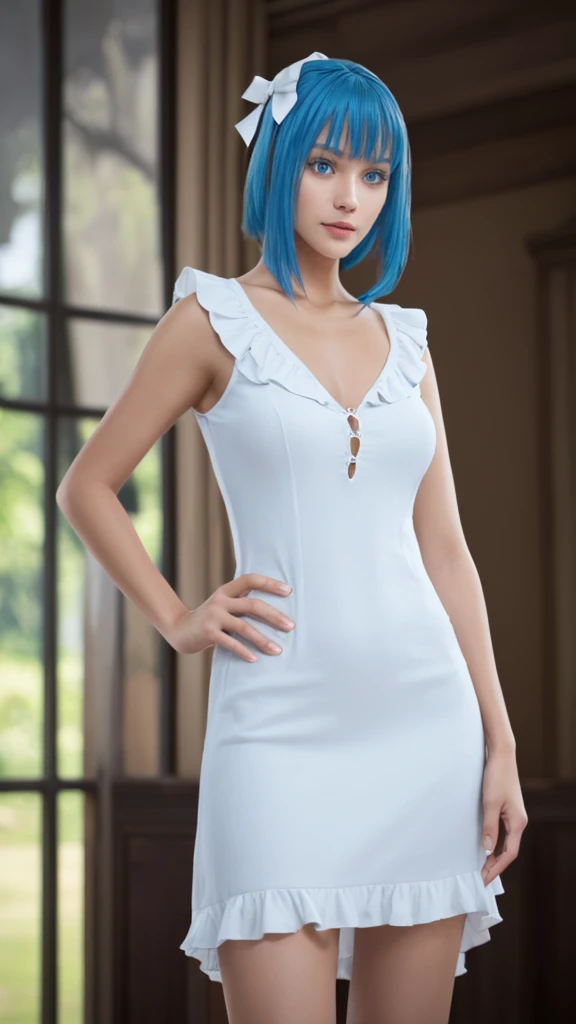 a beautiful girl with blue hair and blue eyes, wearing a long white dress with ruffles, black gloves, and a black bow on her head, standing alone with a serene expression, highly detailed and realistic, masterfully rendered in 8K resolution using Octane, (best quality,4k,8k,highres,masterpiece:1.2),ultra-detailed,(realistic,photorealistic,photo-realistic:1.37),HDR,UHD,studio lighting,ultra-fine painting,sharp focus,physically-based rendering,extreme detail description,professional,vivid colors,bokeh,portrait