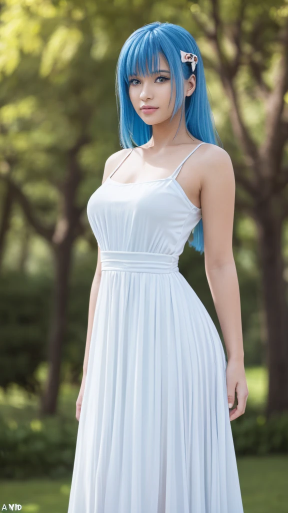 a beautiful girl with blue hair and blue eyes, wearing a long white dress with ruffles, black gloves, and a black bow on her head, standing alone with a serene expression, highly detailed and realistic, masterfully rendered in 8K resolution using Octane, (best quality,4k,8k,highres,masterpiece:1.2),ultra-detailed,(realistic,photorealistic,photo-realistic:1.37),HDR,UHD,studio lighting,ultra-fine painting,sharp focus,physically-based rendering,extreme detail description,professional,vivid colors,bokeh,portrait