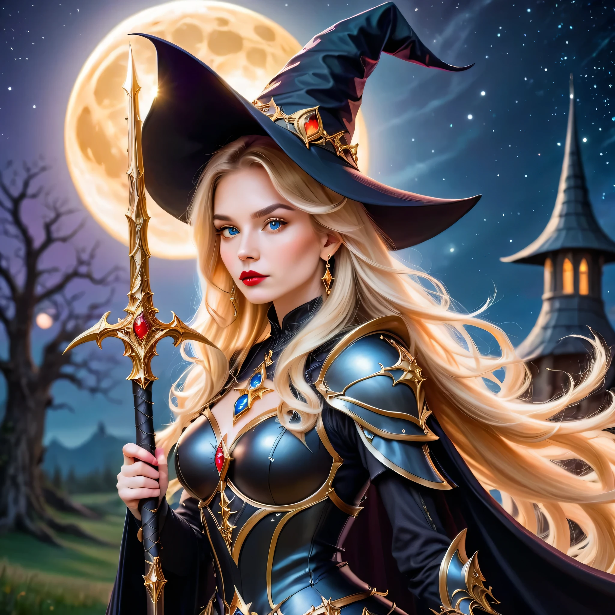 Beautiful Witch Blonde Focused and Concetrated Girl  with a Magic Staff looking at her Golden Sharped Sword with a Beautiful Blonde Long Flowing Hair wearing a Witch Hat and wearing a Witch Chestplate Armor with Jewelry Earrings with Matte Lipstick with Pose Profile with Moon Background with the Best Quality with High Details with Textured Skin as a Masterpiece in a High Resolution in 8K Quality.