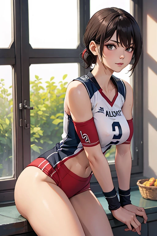 Masterpiece, Ultra quality, good lighting, shadows, perfect anatomy, posing, 1 girl, 21 years, mature girl, volleyball player, cute face, beautiful body, black medium hair, black eyes, seductive eyes,  volleyball uniform, background room, rear, breasts, Thighs, seductive, hot, spicy, NSFW,