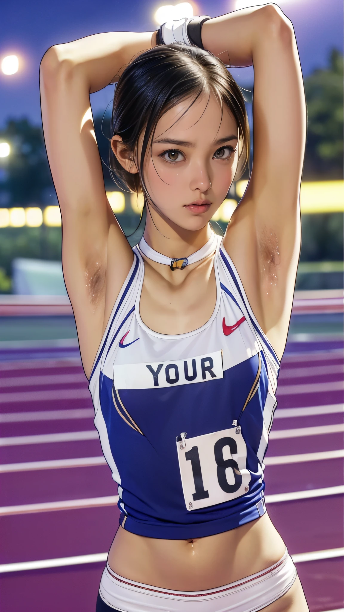 (Best Quality,8K,hight resolution,masuter piece:1.2),Ultra-detailed,Realistic:1.37,Portrait,girl track and field athlete,Teenage girl,small head,Cute,Sporty,Charming face,Detailed beauty face,Very realistic skin,Wet skin,Sweat,Large breasts,Narrow waist,nice legs ,jump,Sporty,track and field,Cinematic lighting,