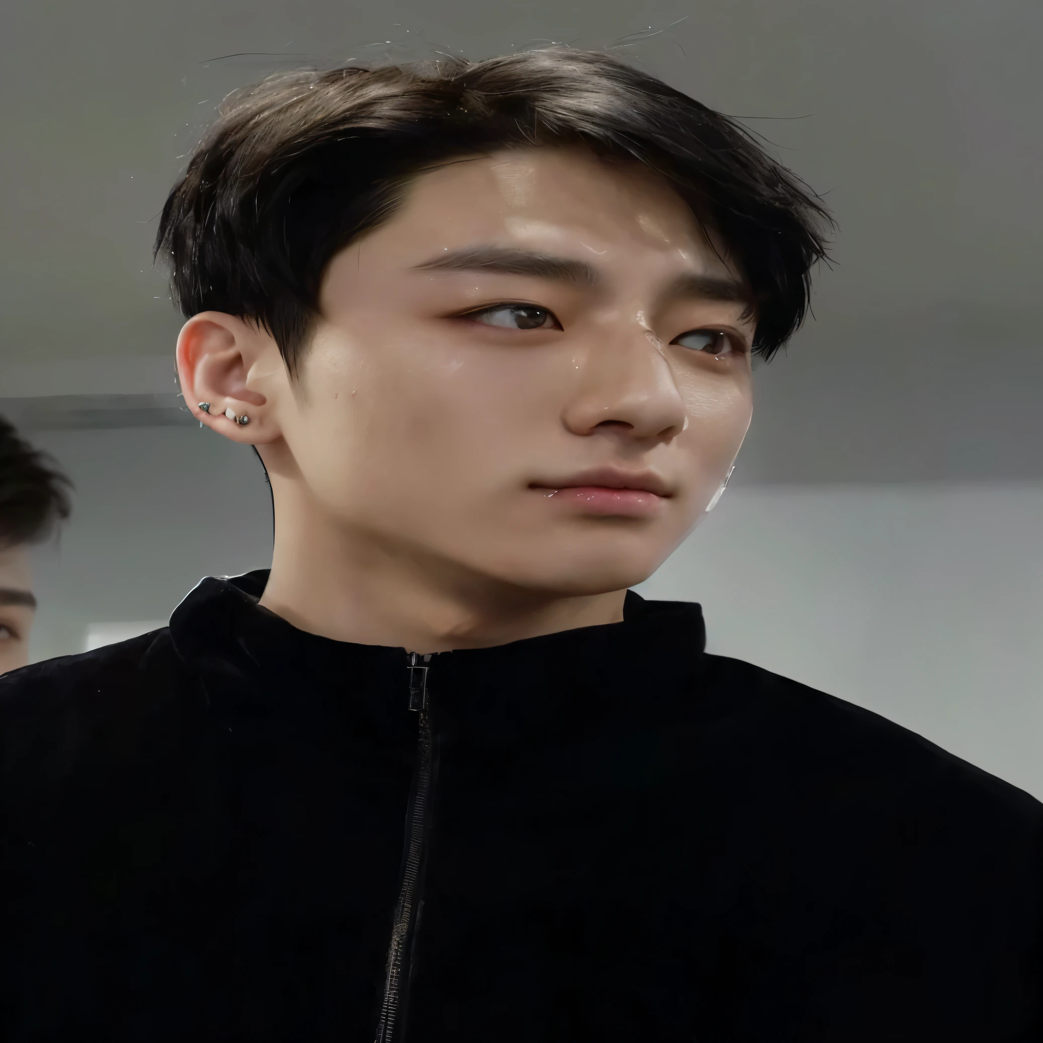 arafed asian man with a black jacket and ear piercings, Jungkook, right eyelid is swollen, adorable and pale korean face, south korean man, beautiful face, young pale angel, looking to his side, beautiful face
