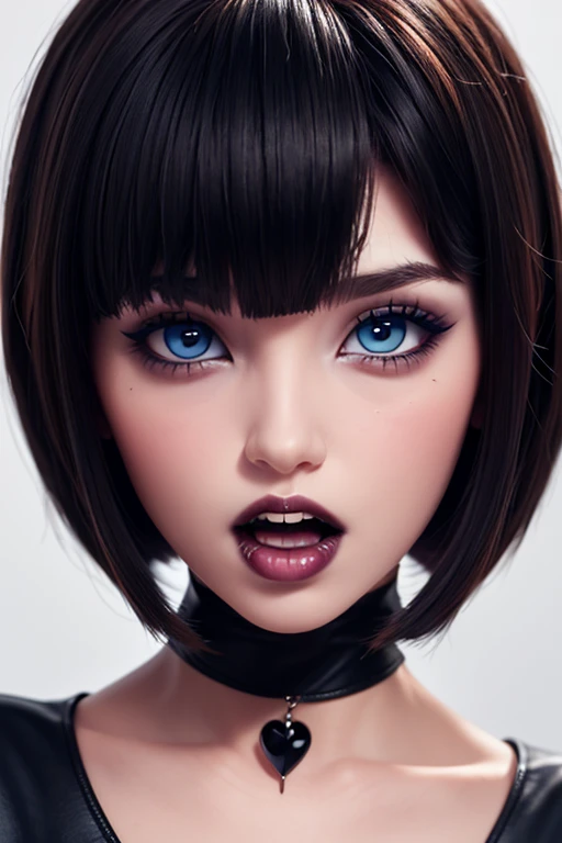 Attractive girl with big blue eyes, White skin, eyeliner and open mouth showing vampire fangs, short black hair with bob style bangs voluminous lips thin nose image 1.2 High Resolution 12k Gothic Makeup Fanart Awesome 