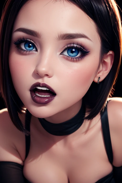 Attractive girl with big blue eyes, White skin, eyeliner and open mouth showing vampire fangs, short black hair with bob style bangs voluminous lips thin nose image 1.2 High Resolution 12k Gothic Makeup Fanart Awesome 