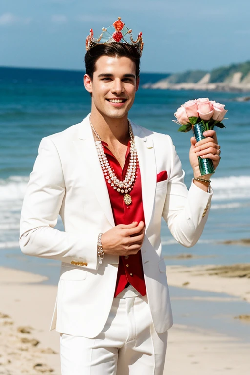 White man mister world winning crown and necklace of roses on a beach many attractive public applauds him and celebrates with bubble