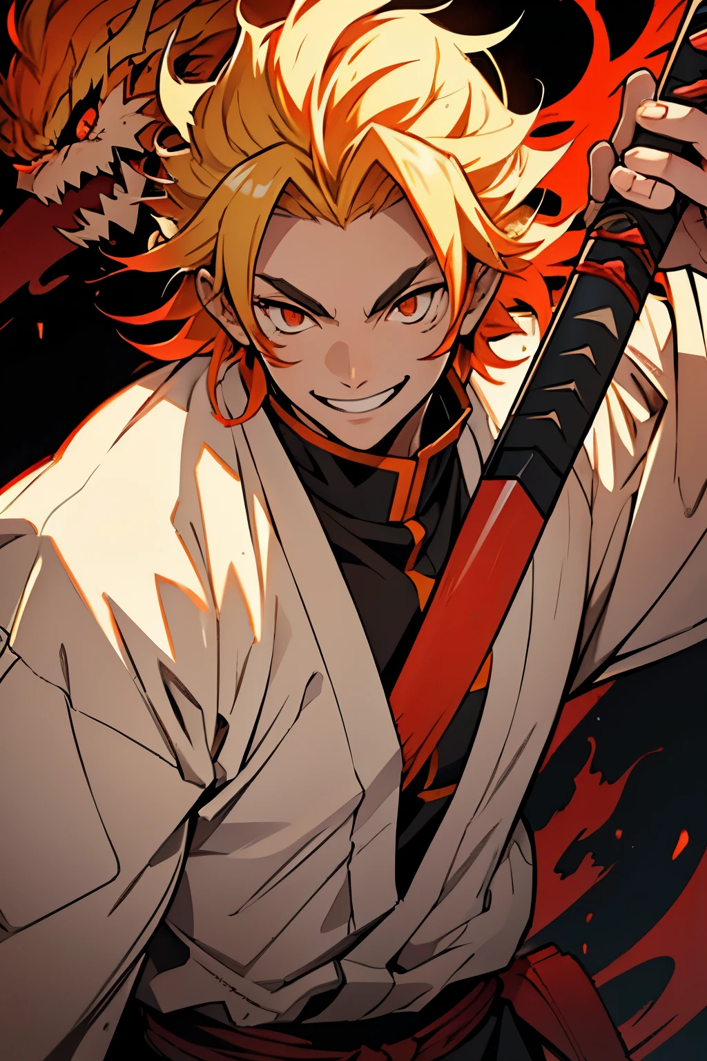 white young man, blonde hair with red highlights, orange eyes, rengoku eyebrows, smile, demon slayer uniform, katana, pride smile, medium hair, messy hair