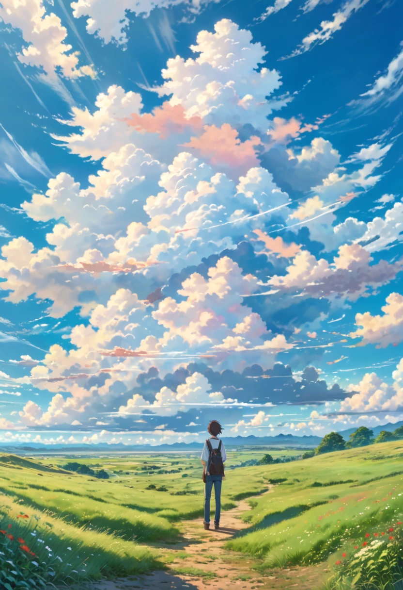 anime, anime landscape, beautiful hair, boyfridend girlfrien sweet, looking at clouds, in a grassland, creative, realist, white clouds, blue sky, landscape amazing, guy looking away from camera, wide photo