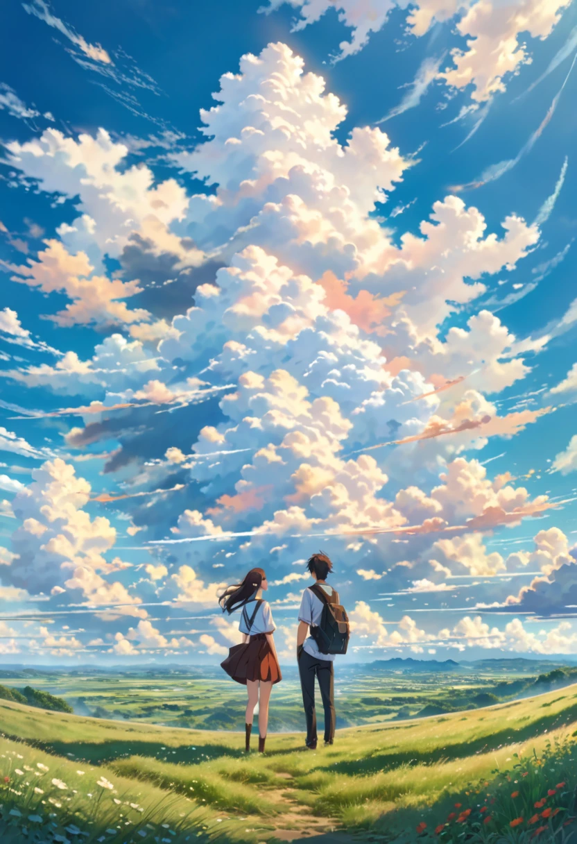 anime, anime landscape, beautiful hair, boyfridend girlfrien sweet, looking at clouds, in a grassland, creative, realist, white clouds, blue sky, landscape amazing, guy looking away from camera, wide photo