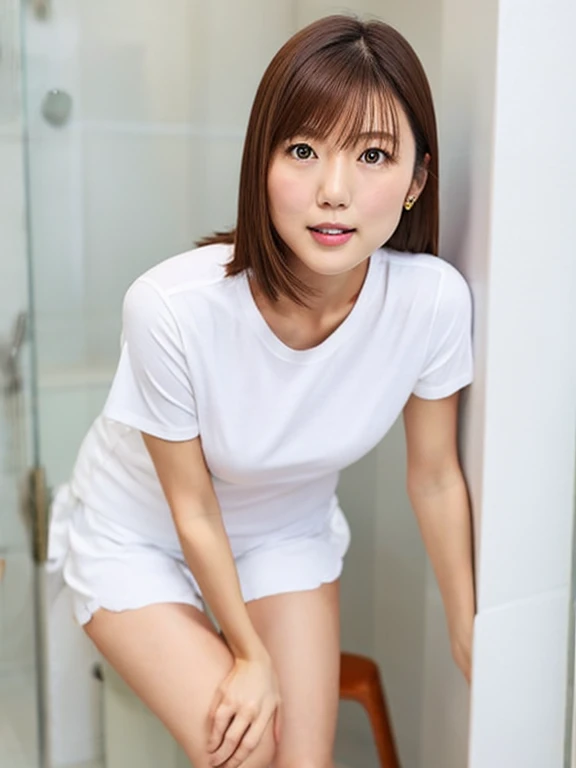 A thin Japanese woman in her 20s, Detailed face, Round face, Cute Face, Narrow eyes, Neat, Ladies Room, White Room, White T-shirt, Short pants, full body, 