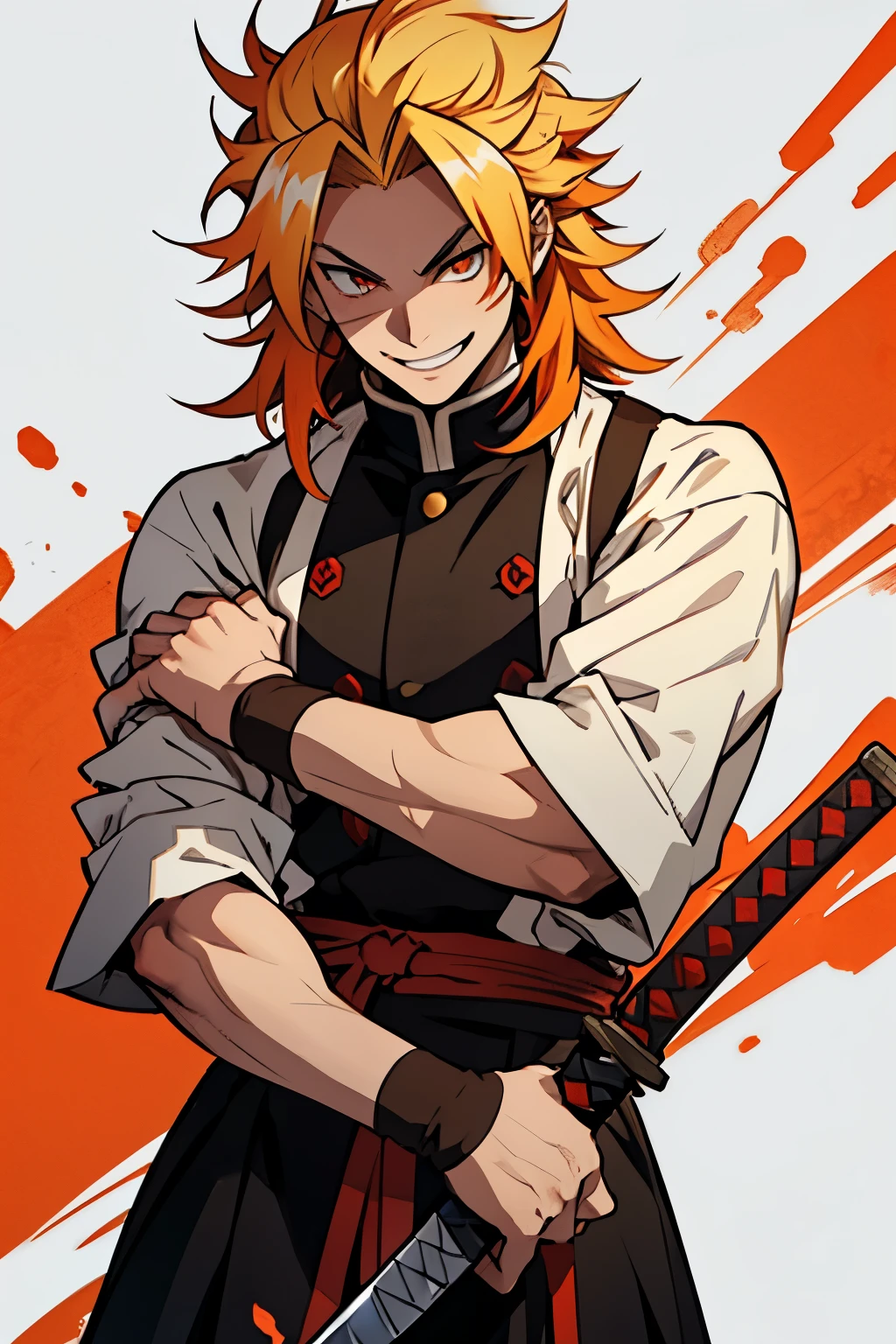 white young man, blonde hair with red highlights, orange eyes, rengoku eyebrows, smile, demon slayer uniform, katana, pride smile, medium hair, messy hair