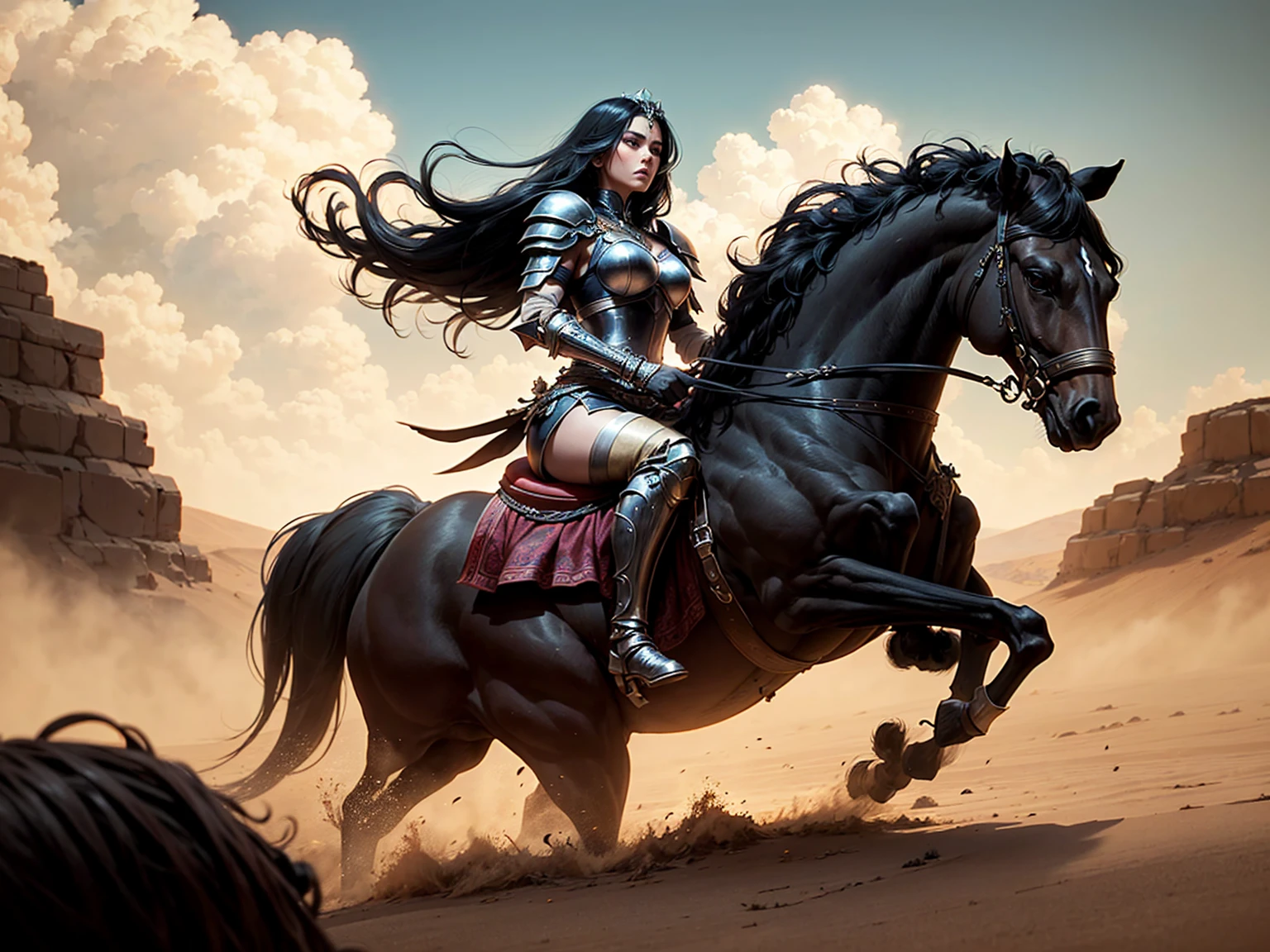 ((best quality)), ((masterpiece)), (detailed), A digital illustration of a long black haired queen warrior on a horse in a desert storm, with people kneeling and pleading in front of her. The queen has a fierce expression and the background is chaotic.