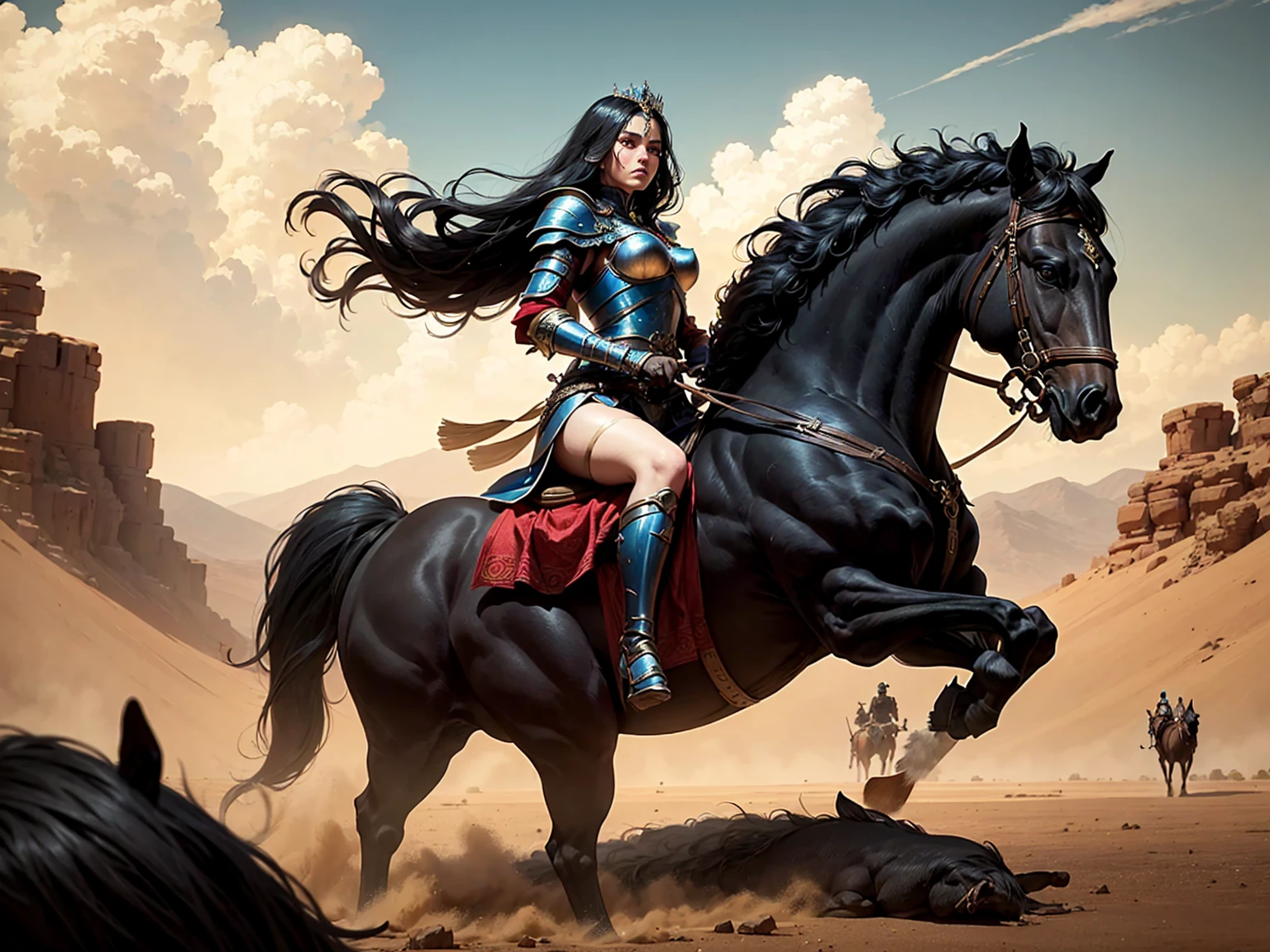 ((best quality)), ((masterpiece)), (detailed), A digital illustration of a long black haired queen warrior on a horse in a desert storm, with people kneeling and pleading in front of her. The queen has a fierce expression and the background is chaotic.