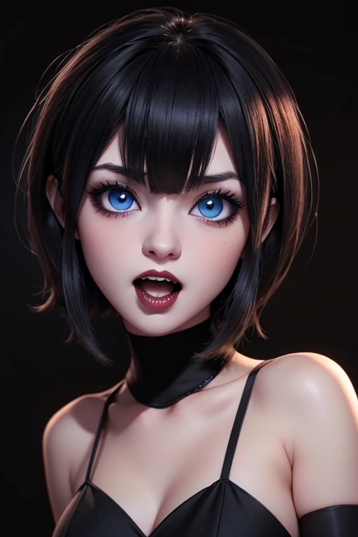 Attractive girl with big blue eyes, White skin, eyeliner and open mouth showing vampire fangs, short black hair with bob style bangs voluminous lips thin nose image 1.2 High Resolution 12k Gothic Makeup Fanart Awesome 