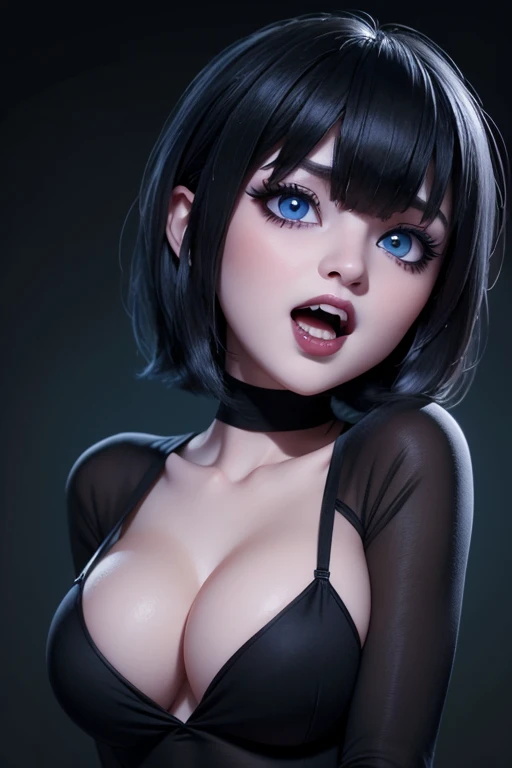 Attractive girl with big blue eyes, White skin, eyeliner and open mouth showing vampire fangs, short black hair with bob style bangs voluminous lips thin nose image 1.2 High Resolution 12k Gothic Makeup Fanart Awesome