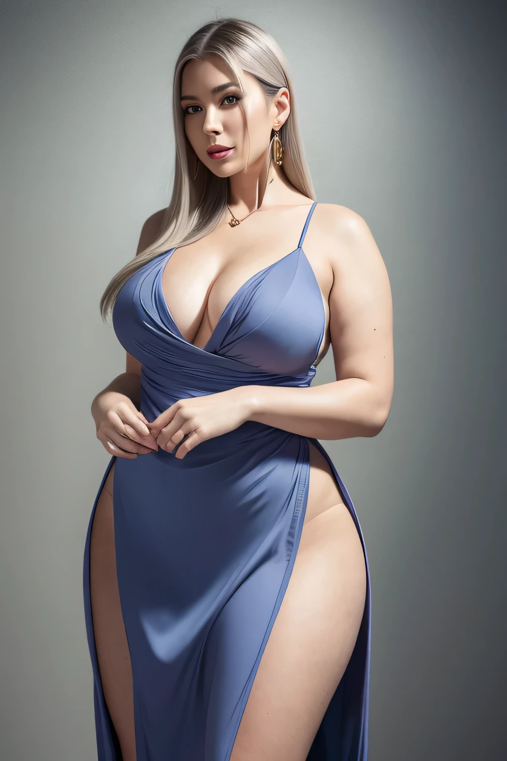 Amazing portrait of a tall and sexy woman with a square face and chiseled jawline with a calm and gentle look with her white hair beautifully tied in elegant braids and pale white skin that matches with her hair and bright blue eyes and perfect pink lips wearing some gold earrings necklace and bracelets and a long navy blue deep neck dress with minimal white embroidery that showcases her cleavage and gaps on the sides that emphasise her curvy hips with symmetric ethereal golden etchings on her body