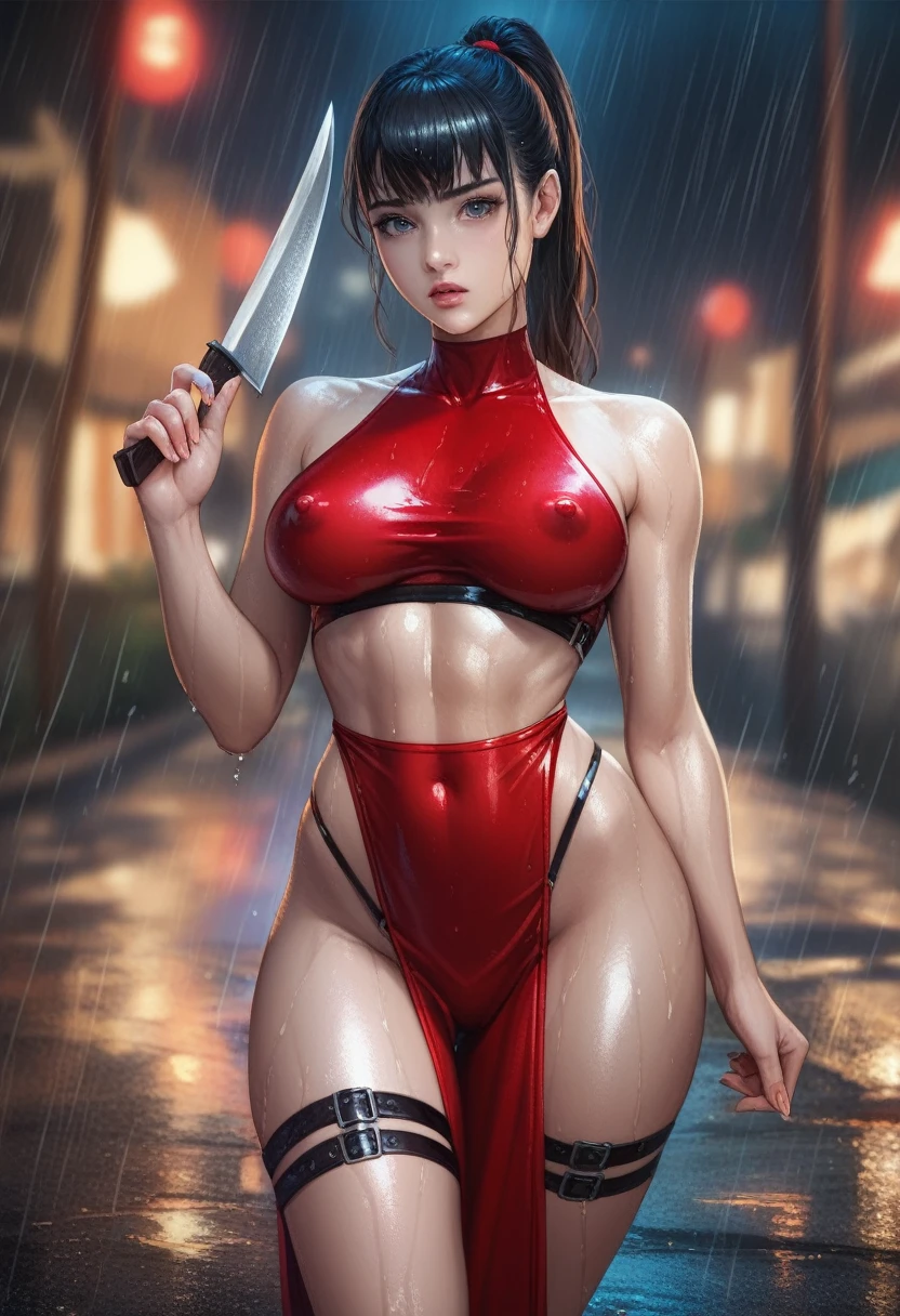 Masterpiece, anime realistic art, dynamic angle, slender toned build, pale gray skin, ponytail , bangs,black hair, shiny detailed eyes, tight red leather outfit with numerous straps and buckles ,crop top overhang , red thong,rainy street, asphalt, white back light, night ,wet, holding knife, looking at viewer , covered erect nipples , see-through pelvic curtain 