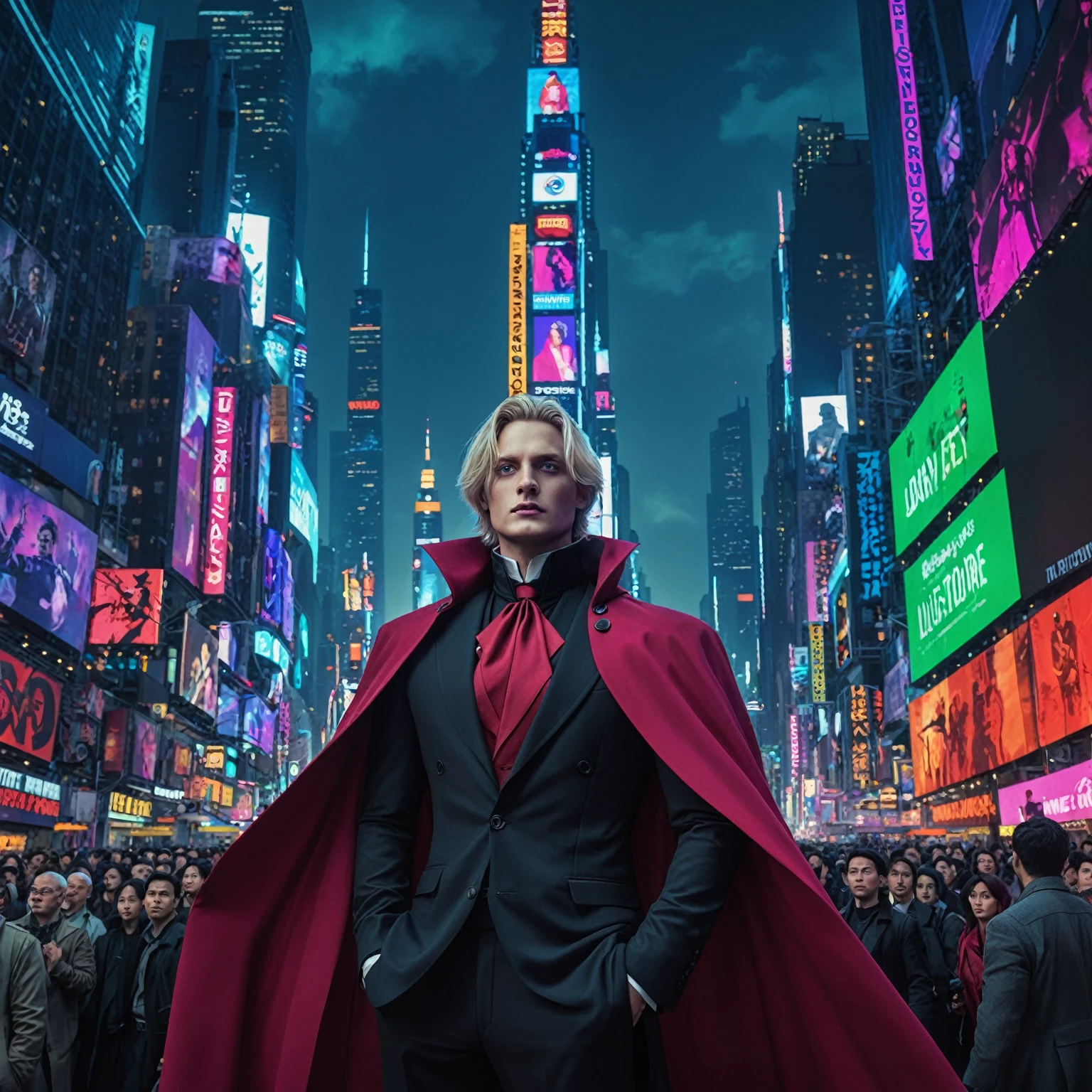 arafed image of a man in a suit and cape standing in a crowded city, johan liebert mixed with alucard, hero pose colorful city lighting, in cyberpunk city, in time square, movie poster character, johan liebert mixed with dante, lucas graziano, key art, in times square, alexey egorov, matte painting portrait shot