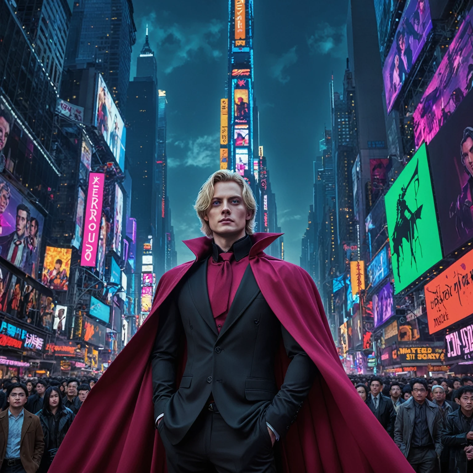 arafed image of a man in a suit and cape standing in a crowded city, johan liebert mixed with alucard, hero pose colorful city lighting, in cyberpunk city, in time square, movie poster character, johan liebert mixed with dante, lucas graziano, key art, in times square, alexey egorov, matte painting portrait shot