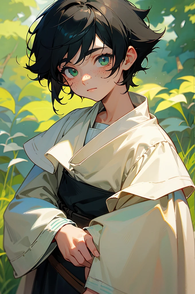 Little boy, with green eyes and black hair, freckles on his face. Cute and innocent looking, extremely charming, dressed in a medieval style, with a white loose long-sleeved T-shirt. Anime watercolor painting. Garden scene, drawing with lots of lighting and beauty. Very close angle to the face, high definition drawing. Big and expressive eyes, thin nose, dark and short hair. Male gender