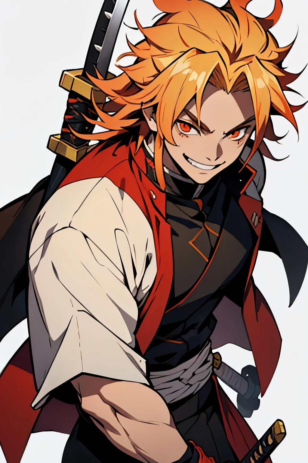 white young man, blonde hair with red highlights, orange eyes, rengoku eyebrows, smile, demon slayer uniform, katana, pride smile, medium hair, messy hair