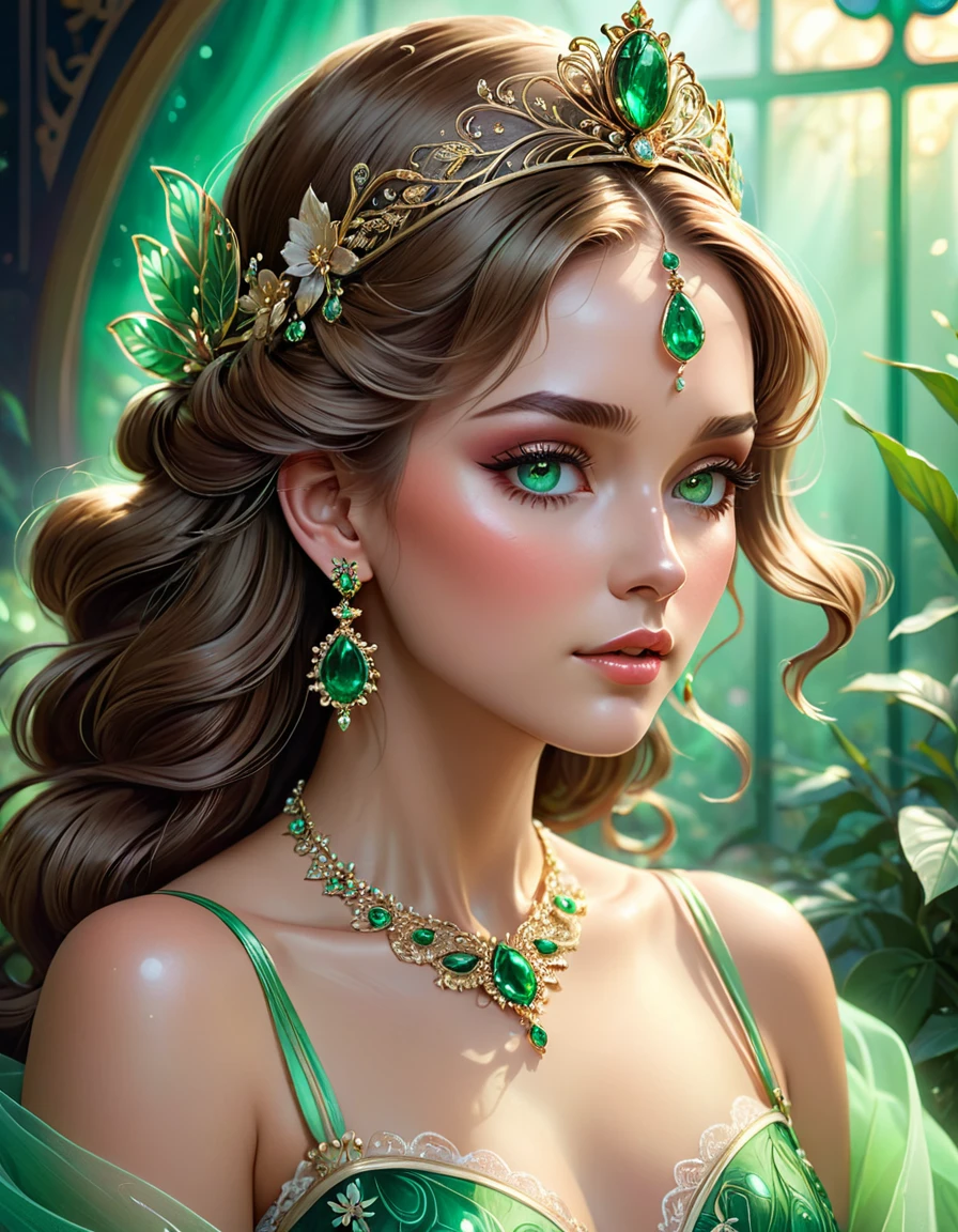 Using high-quality pastel brushstrokes, create a beautiful woman, perfect, clear face, expressive green eyes, detailed eyelashes and eyebrows, full mouth, accentuated makeup, blush, long, shiny light brown hair, falling down her back and shoulders, tied into a headpiece, tiara, earrings, intricate and detailed necklace, emerald stones. Light and delicate floral dress in organza, lace and gold thread embroidery, blurred background with a touch of colored light, stunning and beautiful image, 8k. UHD., unreal engine, greg rutkowski, loish, rhads, beeple, makoto shinkai and lois van baarle, ilya kuvshinov, rossdraws, tom bagshaw, alphonse mucha, global illumination, detailed and complex environment, ultra hd, realistic, vivid colors, highly detailed, UHD drawing, pen and ink, perfect composition, beautiful intricately detailed and detailed octane rendering trends in art station, 8k artistic photography, photorealistic concept art, smooth natural volumetric cinematic perfect light
