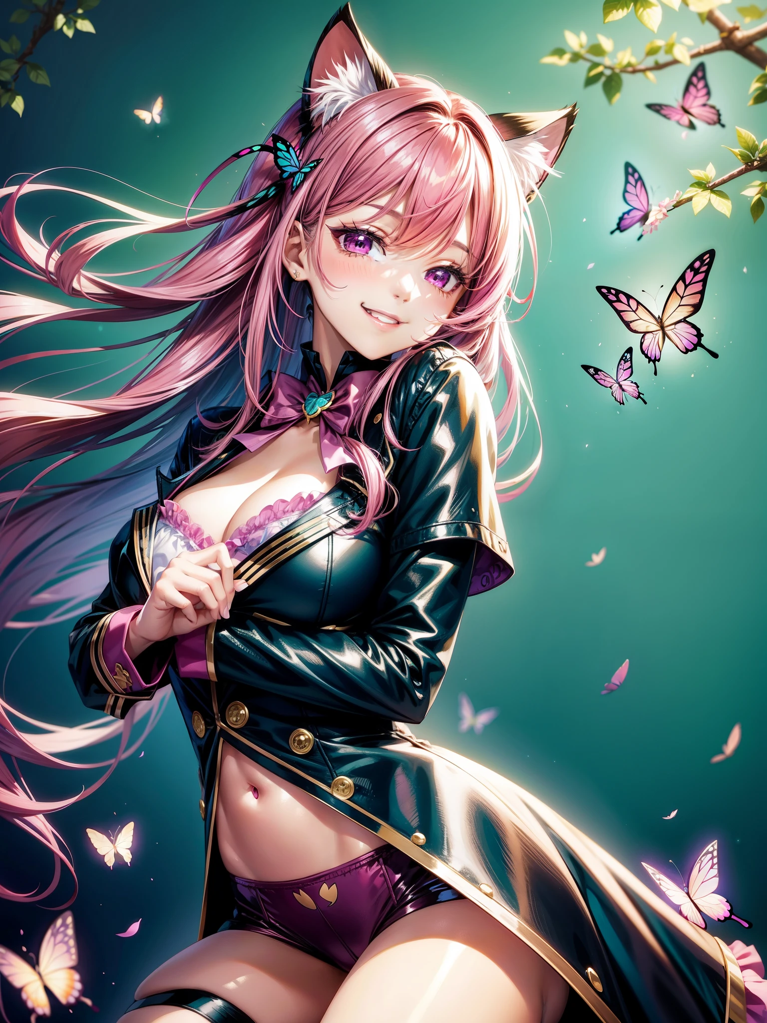 Magenta hair, brown eyes, older woman, hair bows, cat ears, long hair, smiling face, y outfit, butlies, teal and gold outfit, butterfackground, uniform open chest top