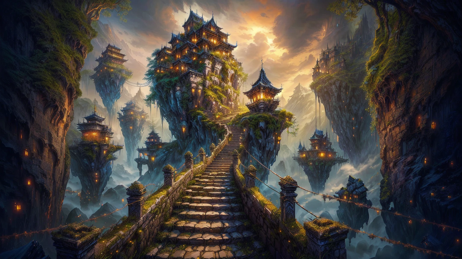 a close up of a stairway leading to a castle in a mountain, symmetrical epic fantasy art, detailed fantasy digital art, 4k highly detailed digital art, wide angle fantasy art, 4k fantasy art, epic fantasy digital art style, fantasy matte painting，cute, impressive fantasy landscape, andreas rocha style, highly detailed fantasy art, fantasy art landscape, fantasy architecture