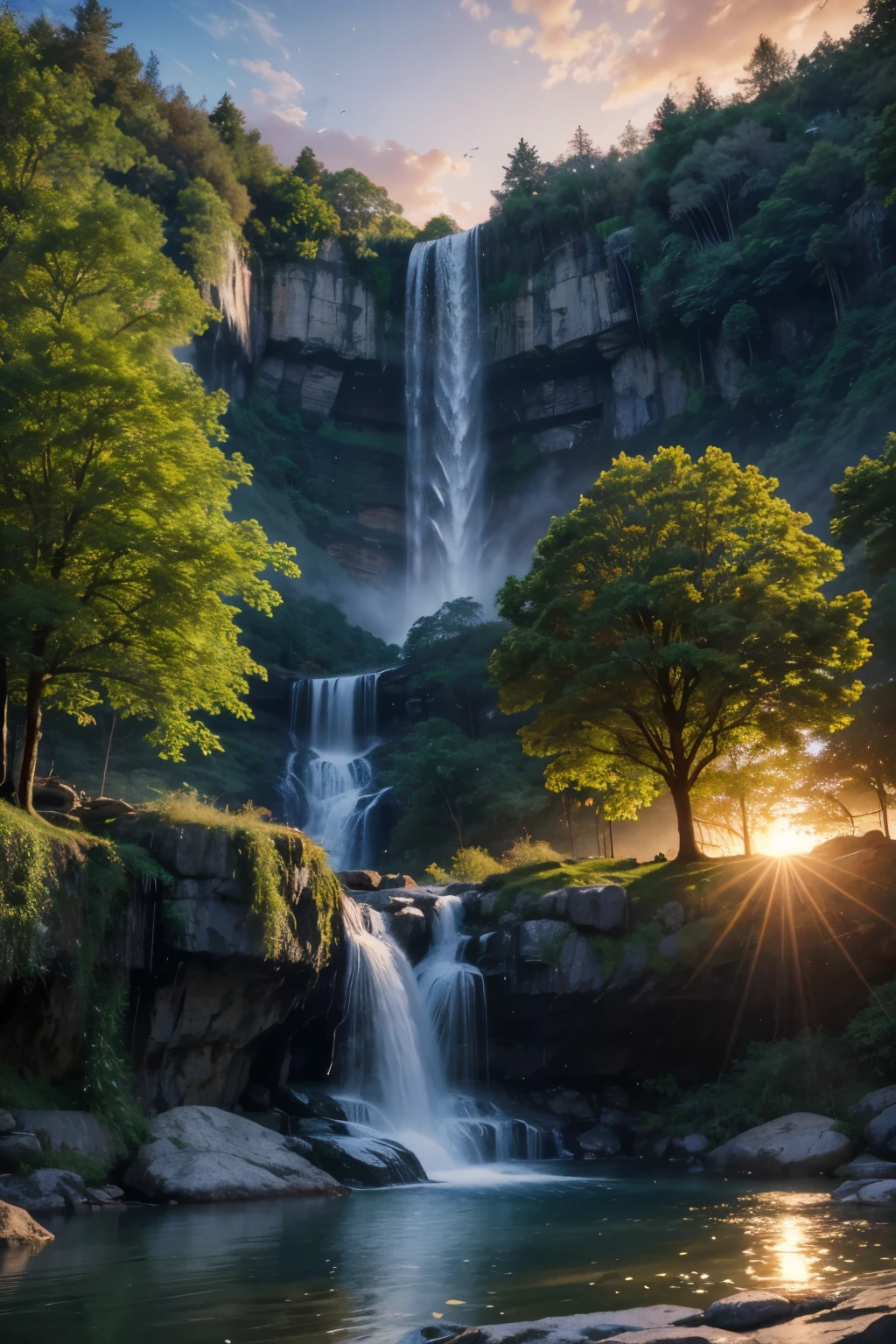 Creates an image of a leafy tree with a backdrop of a waterfall that conveys peace and tranquility to whoever looks at it, that it is a realistic image.with a sunset sky.
