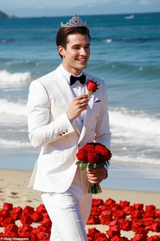 White man mister world winning crown and roses on a beach many attractive public applauds the other candidates and celebrates with a bubble