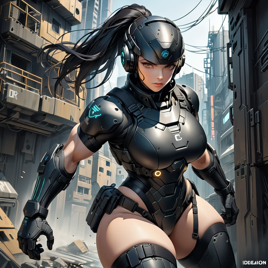 (masterpiece:1.2,top quality,top quality,Very detailed:1.2),8 K,wallpaper,(one woman),(Future female special forces members),(((Charge:1.6))),(Extremely Fitted Black Tactical Body Armor),(tactical headset),(tactical gloves),(Tactical helmet),break(serious),(Ponytail),(black hair),(Beautiful face),(beautiful eyes),(beautiful eyes),(Very detailedな顔),(Very detailedな女性の手),(muscular),(sexual),(big breasts),(thick thighs),(beautiful body),(In the background is a criminal hideout.:1.6),(cyberpunk:1.6),(((hand,detailed,ideal,idealion,hands))),(Beautiful female hands),(Precise hand drawing),(Dynamic:1.6),(combat shot)