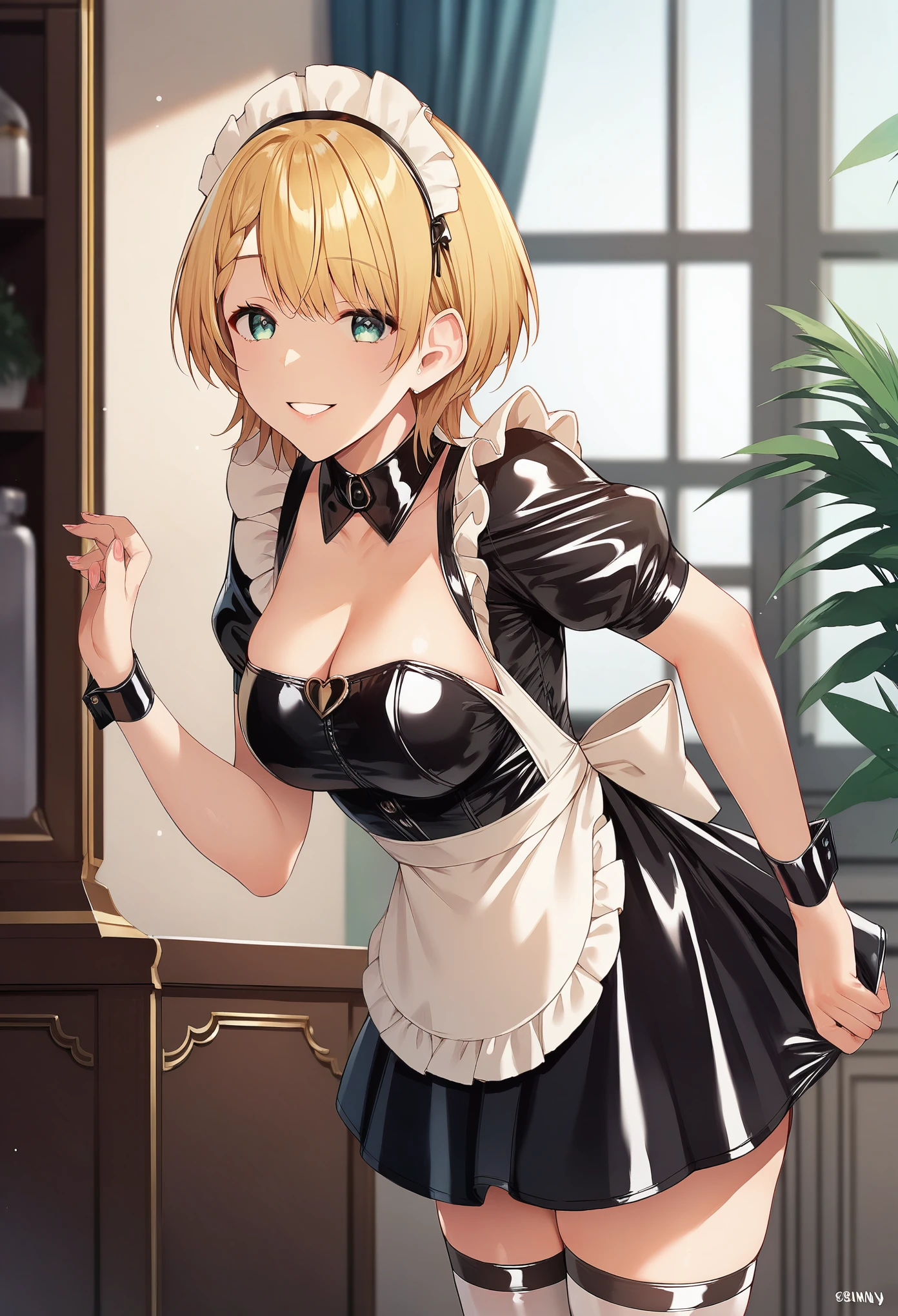 score_9, score_8_up, score_7_up, source_anime, rating:general, masterpiece, best quality, 1girl, leaning forward, smile, bangs, breasts, maid headdress, maid, frills, latex dress, shinny, black dress, detached collar, puffy short sleeves, wrist cuffs, apron, white thighhighs, wavy short hair, blonde hair, looking at viewer,