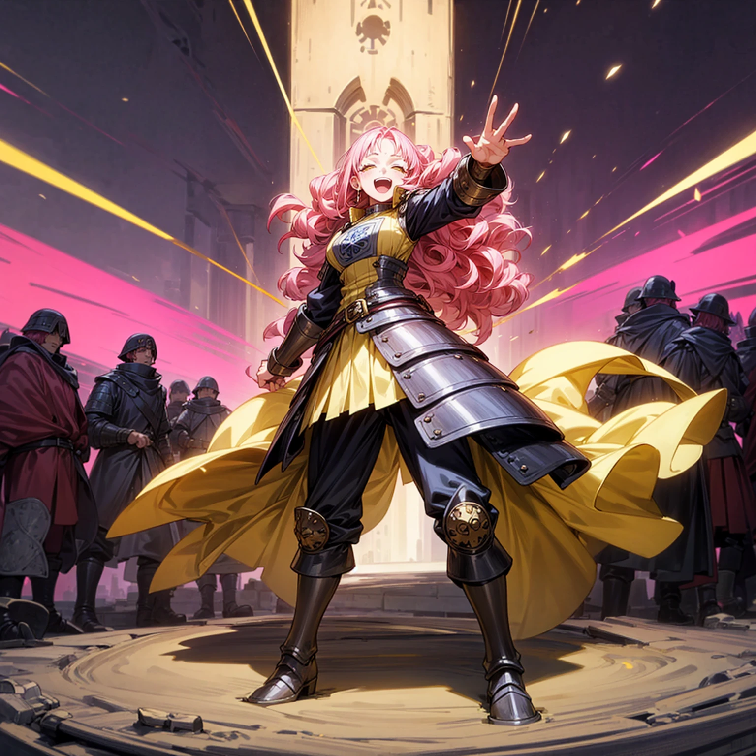 Solo character, full body version, young girl, long curly hair, pink colored hair, yellow eyes, open mouth, close eyes, happy, happy eyes, medieval soldier outfit, heavy armored, boots, town, people, skyblue, standing gesture, (one piece style art)