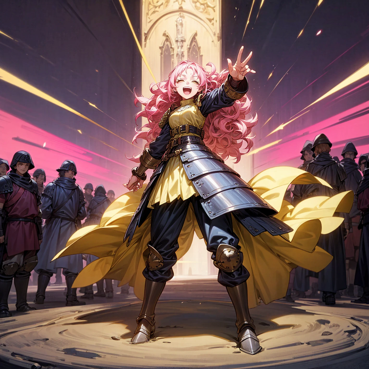 Solo character, full body version, young girl, long curly hair, pink colored hair, yellow eyes, open mouth, close eyes, happy, happy eyes, medieval soldier outfit, heavy armored, boots, town, people, skyblue, standing gesture, (one piece style art)