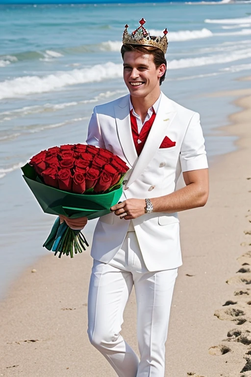 White man mister world winning crown and roses on a beach many attractive public applauds the other candidates and celebrates 